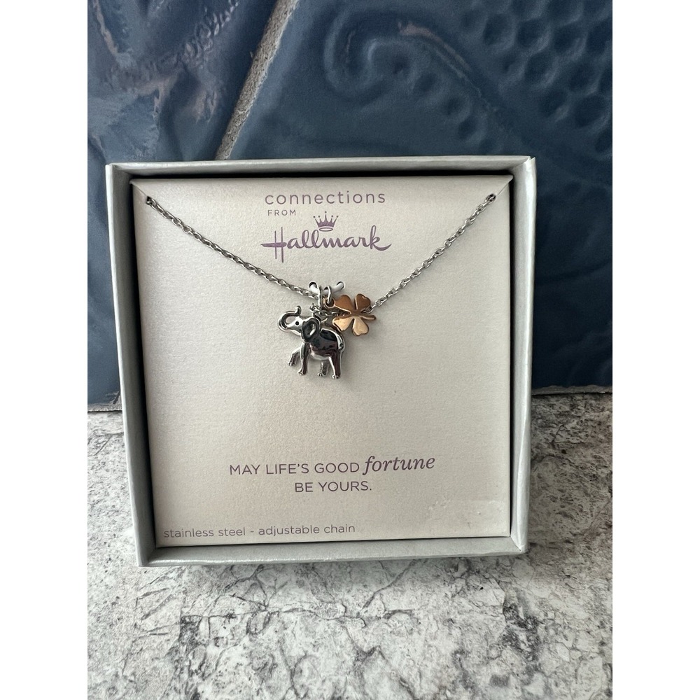 Hallmark Connections Elephant & Four-Leaf Clover Necklace Stainless Steel Lucky